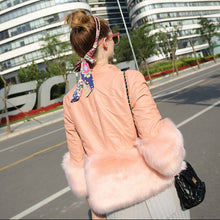 Faux Fox Fur Spliced PU Leather Jacket Pink color Stand Collar 3/4 Sleeve Slim Short Coat Outwear
