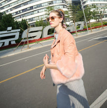 Faux Fox Fur Spliced PU Leather Jacket Pink color Stand Collar 3/4 Sleeve Slim Short Coat Outwear