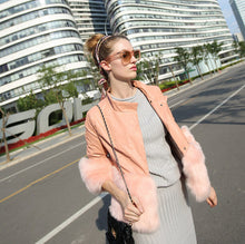 Faux Fox Fur Spliced PU Leather Jacket Pink color Stand Collar 3/4 Sleeve Slim Short Coat Outwear