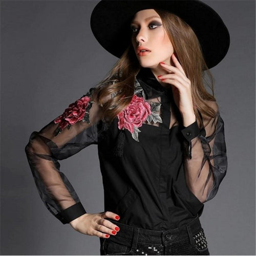 Floral Embroidery White Blouse Shirt Organza Patchwork Shirts Femeninas Women Clothing Tops Long Sleeve