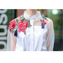 Floral Embroidery White Blouse Shirt Organza Patchwork Shirts Femeninas Women Clothing Tops Long Sleeve