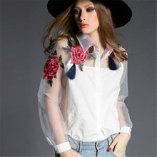 Floral Embroidery White Blouse Shirt Organza Patchwork Shirts Femeninas Women Clothing Tops Long Sleeve