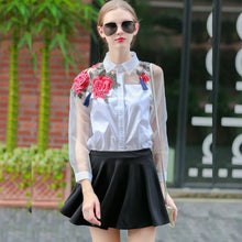 Floral Embroidery White Blouse Shirt Organza Patchwork Shirts Femeninas Women Clothing Tops Long Sleeve