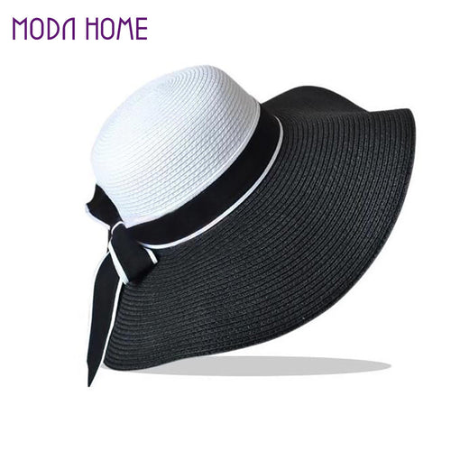 hats-for-women-straw-sun-hat-wide-brim-contrastcolor-bowknot-floppy-cap-beach-bohemia-headwear-black-and-white BBL