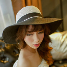 hats-for-women-straw-sun-hat-wide-brim-contrastcolor-bowknot-floppy-cap-beach-bohemia-headwear-black-and-white BBL