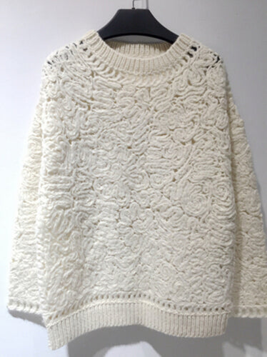 Hollow Out 3D Flower Pullovers Crochet Knitted Sweater White Color Woolen Loose Thick Warm Jumper Oversize Knitwear
