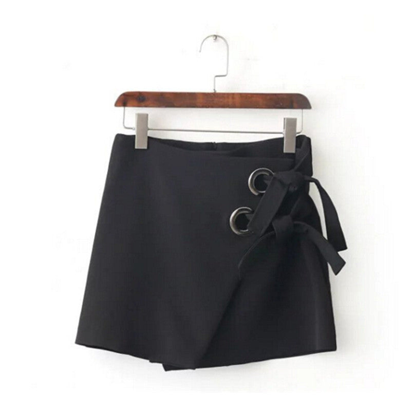 Irregular Metal Hole Bow Skirt Woman black color back zipper bandage mini short Skirts Femme