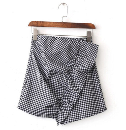 Irregular Ruffles On front Plaid Skirt Woman black white contrast color back zipper mini short Skirts Femme