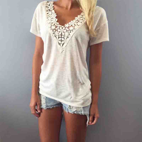 Lace Crochet T Shirt Women Short Sleeve V neck Tops T shirt Plus Size Loose Knit T shirts For Women