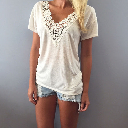 Fashion Leisure Women T Shirt Short Sleeve Beige Lace Splice V-Neck Top Ladies Casual T-Shirt