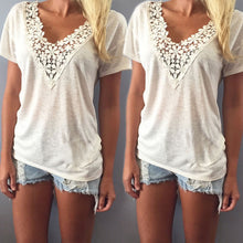 Fashion Leisure Women T Shirt Short Sleeve Beige Lace Splice V-Neck Top Ladies Casual T-Shirt