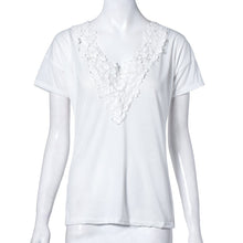 Fashion Leisure Women T Shirt Short Sleeve Beige Lace Splice V-Neck Top Ladies Casual T-Shirt