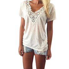 Fashion Leisure Women T Shirt Short Sleeve Beige Lace Splice V-Neck Top Ladies Casual T-Shirt