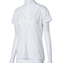 Fashion Leisure Women T Shirt Short Sleeve Beige Lace Splice V-Neck Top Ladies Casual T-Shirt
