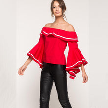 Off Shoulder Ruffle Top Flare Sleeve Women Blouses And Shirts Sexy Tunic Top Slash Neck Ruffle Blouse White Black Red