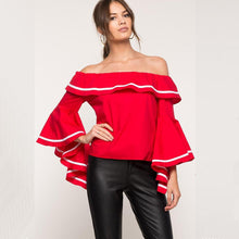 Off Shoulder Ruffle Top Flare Sleeve Women Blouses And Shirts Sexy Tunic Top Slash Neck Ruffle Blouse White Black Red