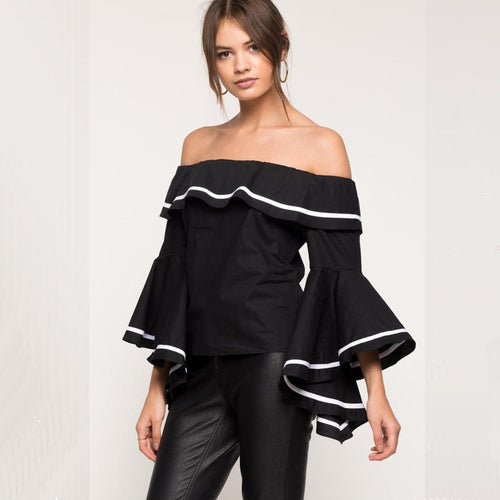 Off Shoulder Ruffle Top Flare Sleeve Women Blouses And Shirts Sexy Tunic Top Slash Neck Ruffle Blouse White Black Red