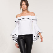 Off Shoulder Ruffle Top Flare Sleeve Women Blouses And Shirts Sexy Tunic Top Slash Neck Ruffle Blouse White Black Red