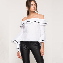 Off Shoulder Ruffle Top Flare Sleeve Women Blouses And Shirts Sexy Tunic Top Slash Neck Ruffle Blouse White Black Red