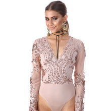 Sequined Women's Bodysuit Top Sexy Deep V Bodysuit Women Long Sleeve Mesh Embroidery Women Tops Romper