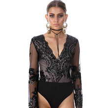 Sequined Women's Bodysuit Top Sexy Deep V Bodysuit Women Long Sleeve Mesh Embroidery Women Tops Romper