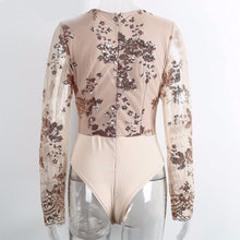 Sequined Women's Bodysuit Top Sexy Deep V Bodysuit Women Long Sleeve Mesh Embroidery Women Tops Romper
