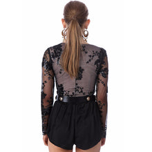 Sequined Women's Bodysuit Top Sexy Deep V Bodysuit Women Long Sleeve Mesh Embroidery Women Tops Romper