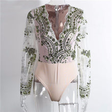 Sequined Women's Bodysuit Top Sexy Deep V Bodysuit Women Long Sleeve Mesh Embroidery Women Tops Romper