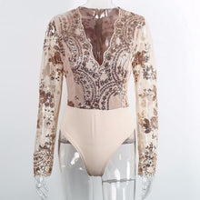 Sequined Women's Bodysuit Top Sexy Deep V Bodysuit Women Long Sleeve Mesh Embroidery Women Tops Romper
