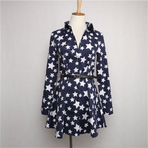 Turn-down Collar Women Shirt Dress Stars Printing Slim Casual Dress Long Sleeve Dress With Sashes