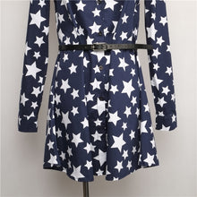 Turn-down Collar Women Shirt Dress Stars Printing Slim Casual Dress Long Sleeve Dress With Sashes
