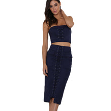 Two Piece Outfits Women Sexy Lacing Up Bodycon Bandage Dress Suede Vestidos Strapless 2 Pieces Dress Midi Solid Color