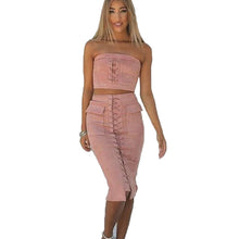 Two Piece Outfits Women Sexy Lacing Up Bodycon Bandage Dress Suede Vestidos Strapless 2 Pieces Dress Midi Solid Color