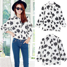 women-black-rose-printed-shirts-floral-three-quarter-batwing-sleeves-loose-button-blusas-femininas-ladies-work-shirt BBL