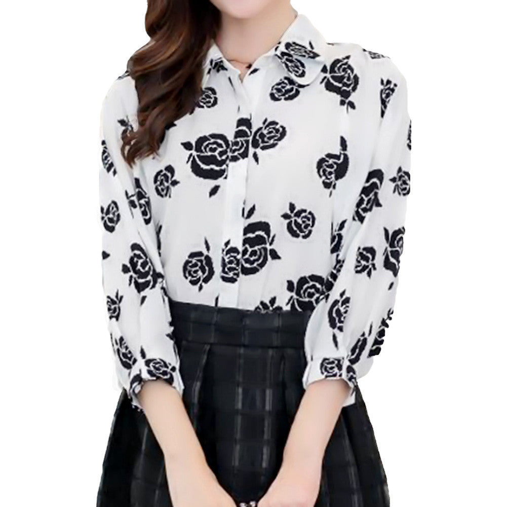 women-black-rose-printed-shirts-floral-three-quarter-batwing-sleeves-loose-button-blusas-femininas-ladies-work-shirt BBL