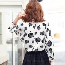 women-black-rose-printed-shirts-floral-three-quarter-batwing-sleeves-loose-button-blusas-femininas-ladies-work-shirt BBL