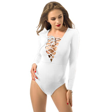 Women Bottoming Bodysuit Plus Size Bandage Tie Up Deep-v Neck Long Sleeves Slim Sexy Jumpsuit Rompers M0607