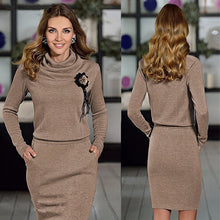 Women Elegant Dress Long Sleeve Turtleneck Dresses Package Hip Solid Bodycon Vestidos Without Brooch M0431