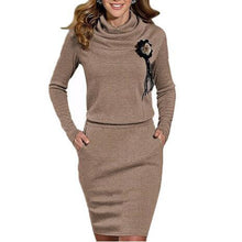 Women Elegant Dress Long Sleeve Turtleneck Dresses Package Hip Solid Bodycon Vestidos Without Brooch M0431
