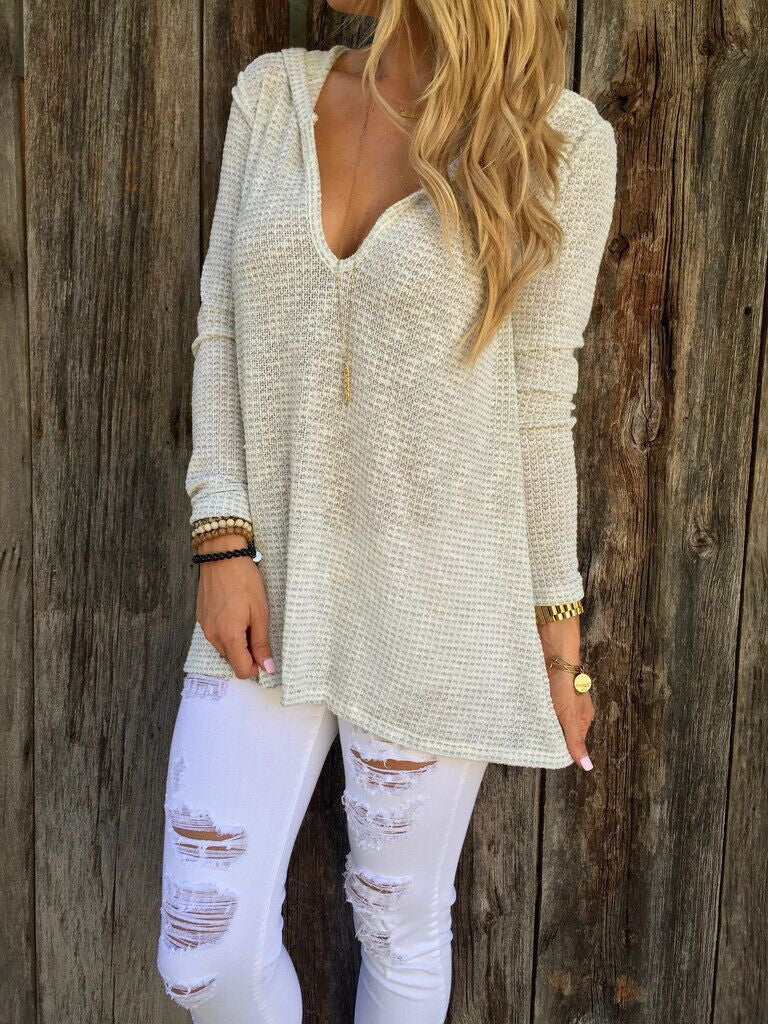 Women Hooded Solid T Shirt Casual Long Sleeve Womens Long Sleeve Loose Tops knitted T-Shirts M0183