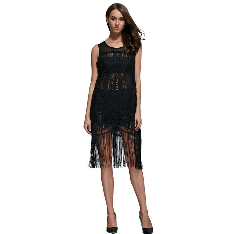 fashion-women-mesh-hollow-fringed-dress-sleeveless-a-line-dresses-black-vestidos BBL