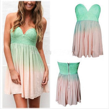 Women Party Dress Sexy Gradient Strapless Chiffon Dress Padded Lace Crochet Mini Dress Backless Vestidos Femininos