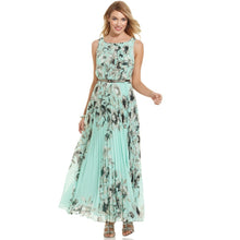 women-chiffon-dress-floral-print-sleeveless-folds-back-zipper-maxi-long-dress-vestido-longo-casual-yellow-green BBL
