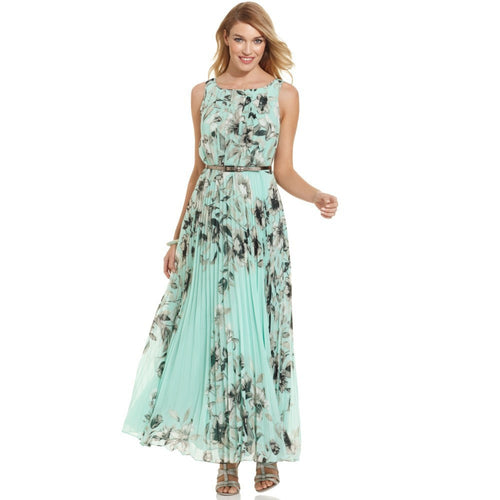 women-chiffon-dress-floral-print-sleeveless-folds-back-zipper-maxi-long-dress-vestido-longo-casual-yellow-green BBL