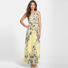 women-chiffon-dress-floral-print-sleeveless-folds-back-zipper-maxi-long-dress-vestido-longo-casual-yellow-green BBL