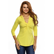fashion-women-t-shirt-sexy-v-neck-3-4-sleeve-twist-ruched-solidcolor-casual-slim-tee-shirt-femme-white-black-yellow-ladies-tops BBL