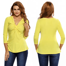 fashion-women-t-shirt-sexy-v-neck-3-4-sleeve-twist-ruched-solidcolor-casual-slim-tee-shirt-femme-white-black-yellow-ladies-tops BBL