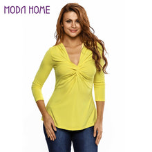 fashion-women-t-shirt-sexy-v-neck-3-4-sleeve-twist-ruched-solidcolor-casual-slim-tee-shirt-femme-white-black-yellow-ladies-tops BBL
