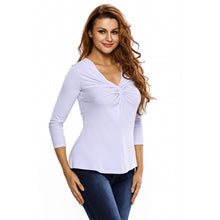 fashion-women-t-shirt-sexy-v-neck-3-4-sleeve-twist-ruched-solidcolor-casual-slim-tee-shirt-femme-white-black-yellow-ladies-tops BBL