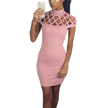 Women's Solid Dresses Sexy Hollow Out Short Sleeve Turtle Neck Bodycon Strechy Party Vestidos Clothings
